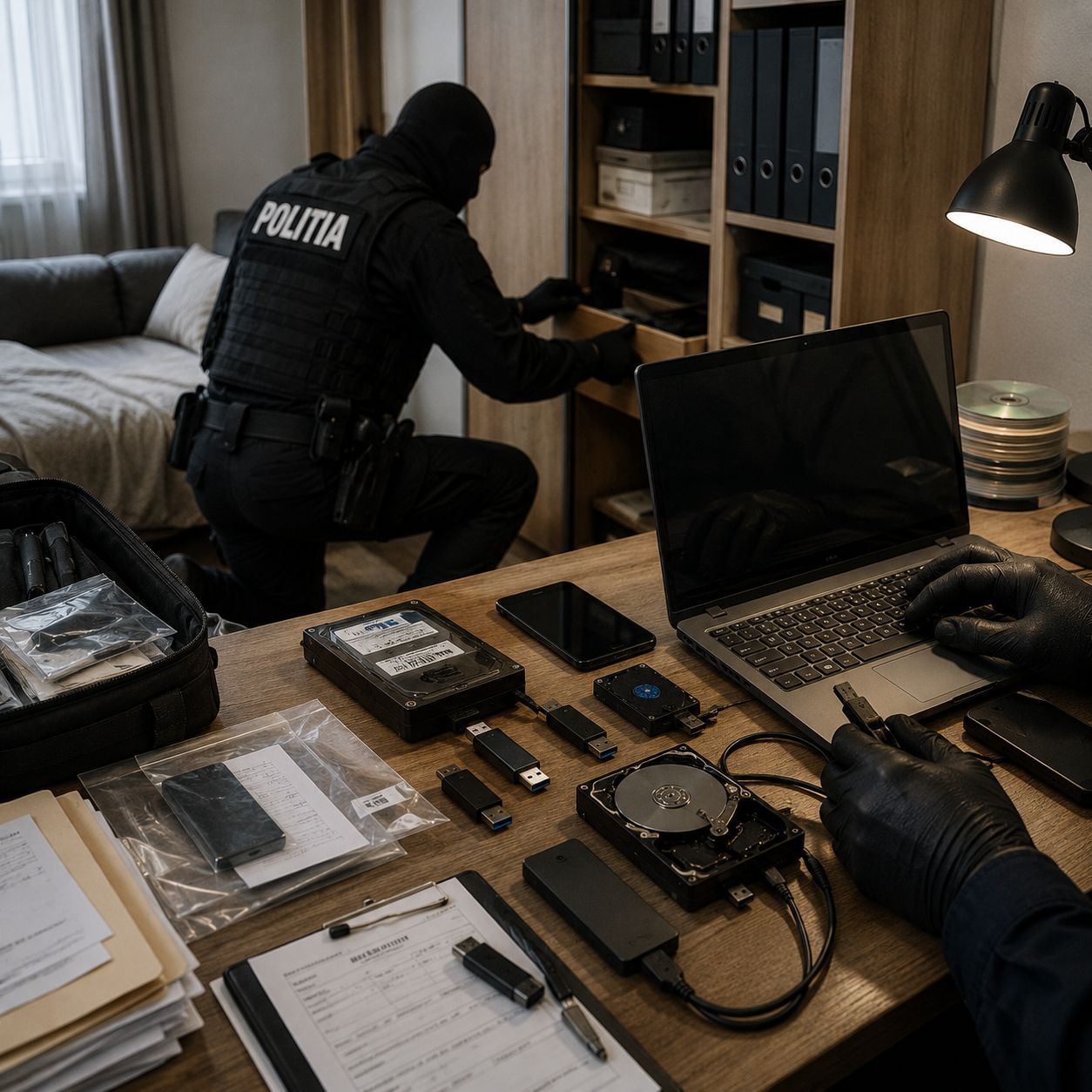 Polițiști efectuează o percheziție domiciliară și analizează dispozitive electronice în cadrul unei percheziții informatice